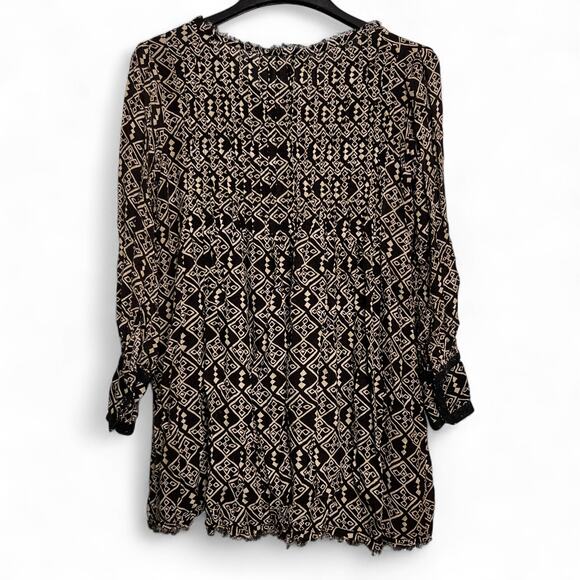 Free People Marlow Size XS Black Cream Boho Swing Dress Peasant Tunic Tie Neck - Picture 3 of 12